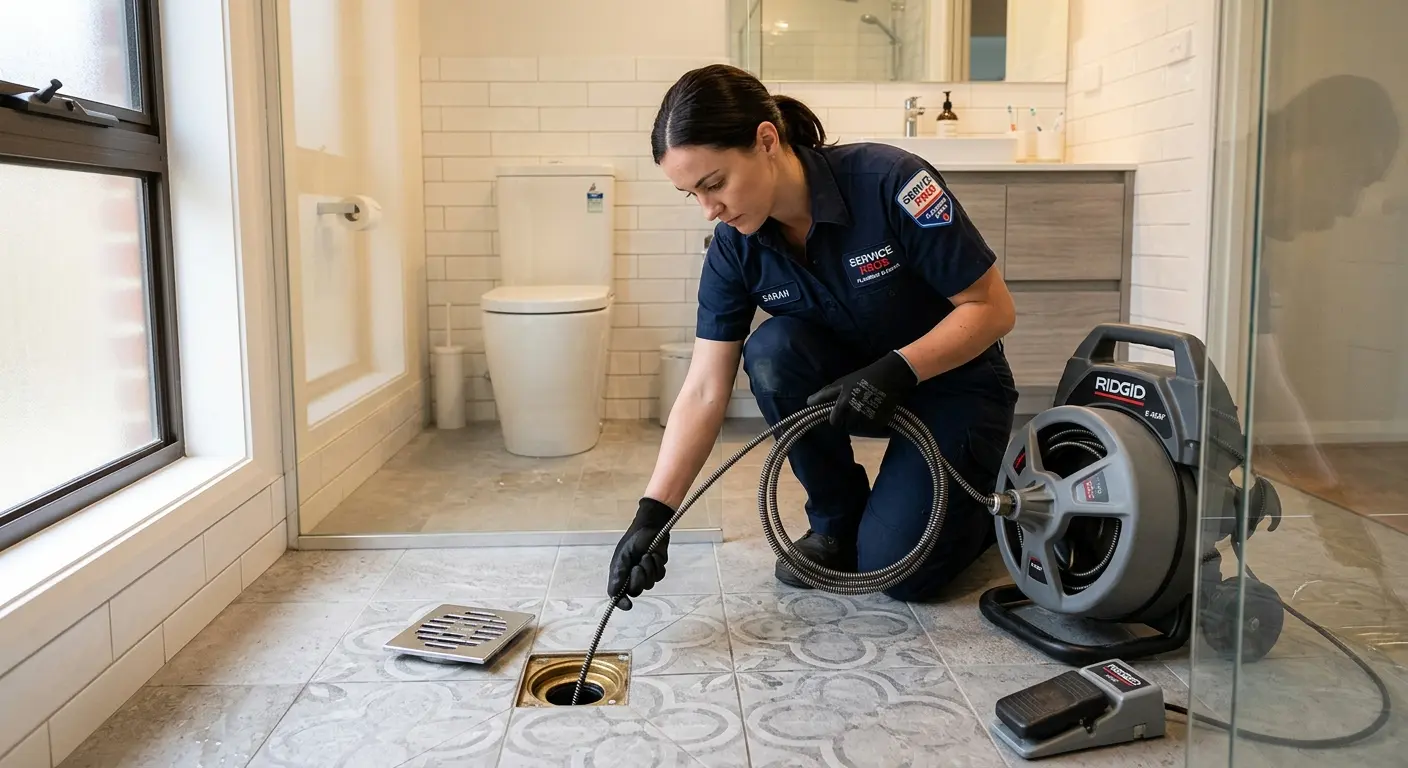 Technician clearing a bathroom floor drain for Drain Cleaning in Athens